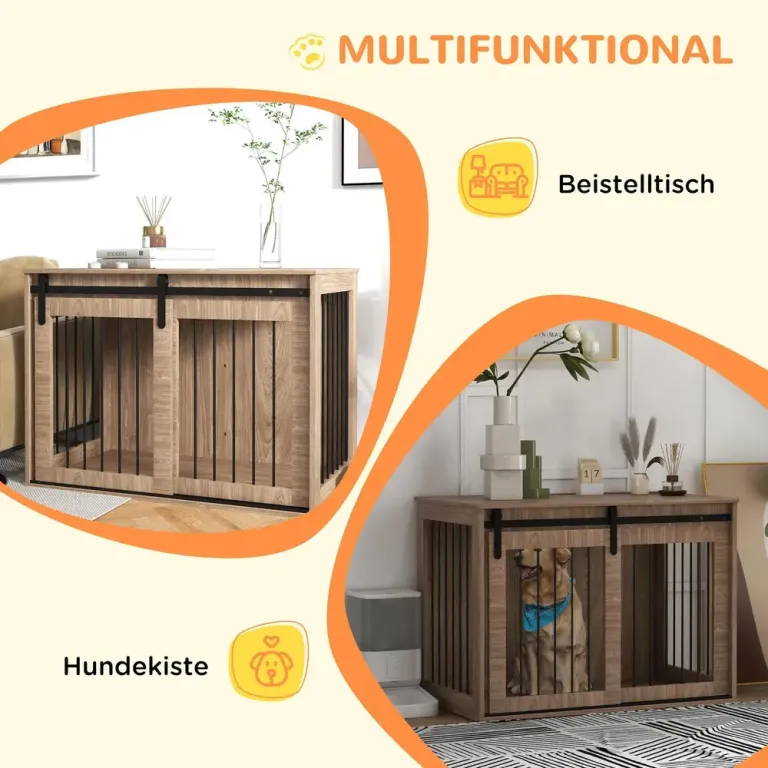Hundbur, Valnötsmönstrad Låsbar Trälook Rustik Design