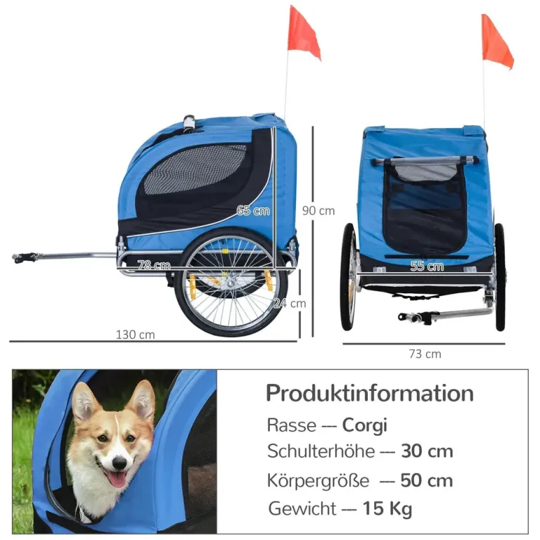 Hundcykelvagn med Säkerhetskoppling, Blå Universalkoppling Metall