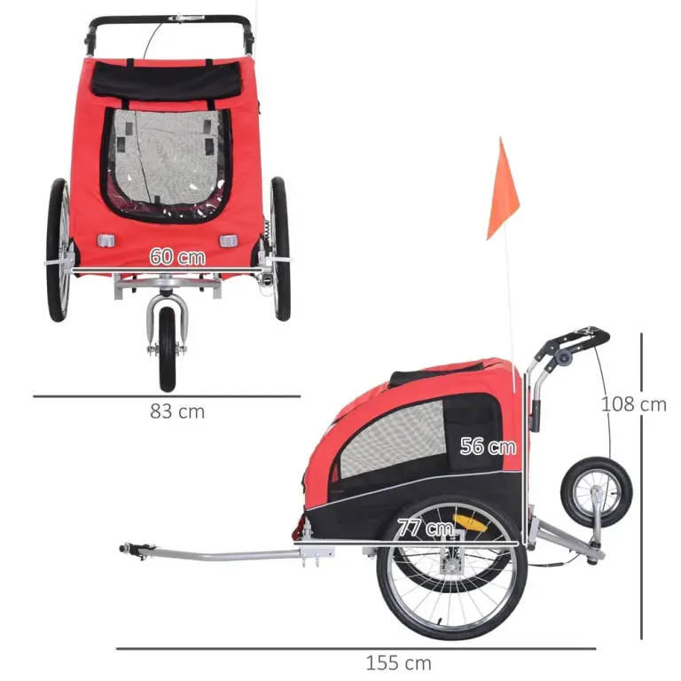 Hundcykelvagn och Joggingvagn 2-i-1, Röd