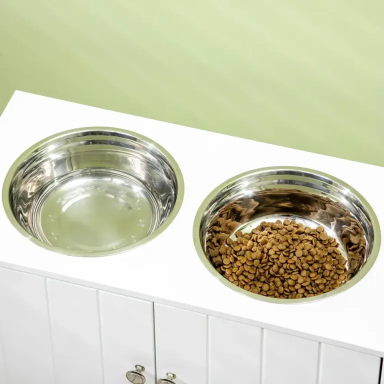 Hundskålar Foderstation Vit av Rostfritt Stål och Trä Rostfria