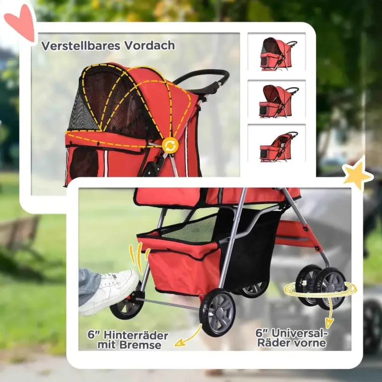 Hundvagn Buggy Röd Polyester och Metall för Hundar Hopfällbar
