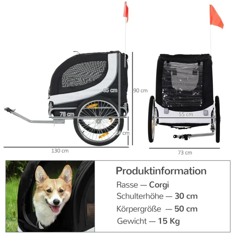 Hundcykelvagn Vit Svart Oxford Tyg 130 x 73 x 90 cm