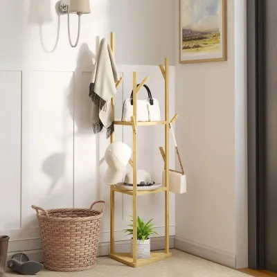 Klädhängare i Bambu med 9 Krokar och 3 Hyllor Naturligt