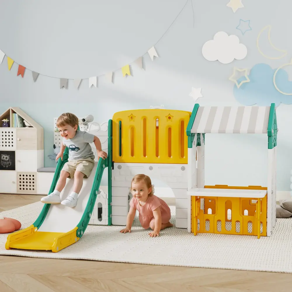 Lekplats Inomhus 7 i 1 Gul och Grön Plast för Barn 1-4 År