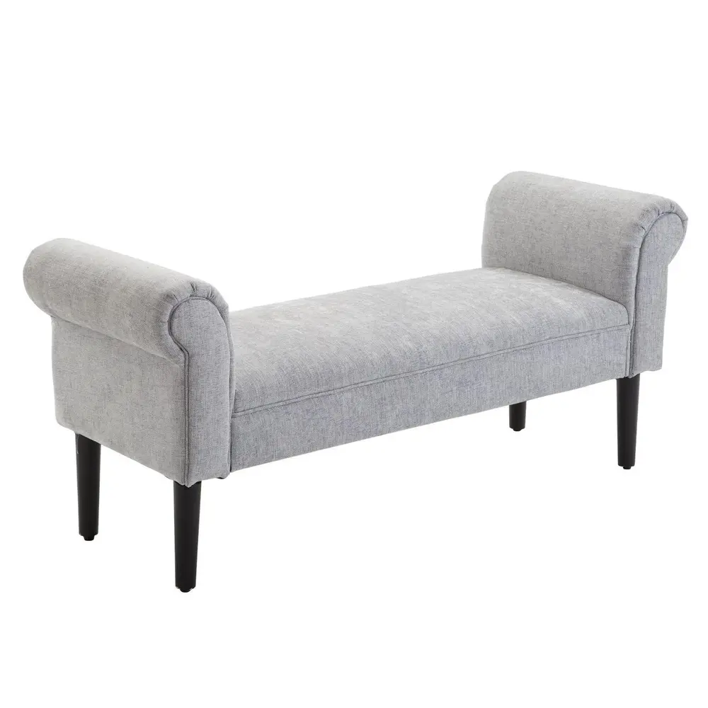 Elegant Sittbänk med Rullade Armstöd Klädd Bänk i Linnetyg