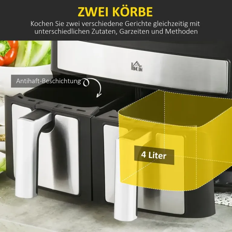 Multifunktionell Airfryer 8 l 2 Korgar 60 Min Timer, Svart