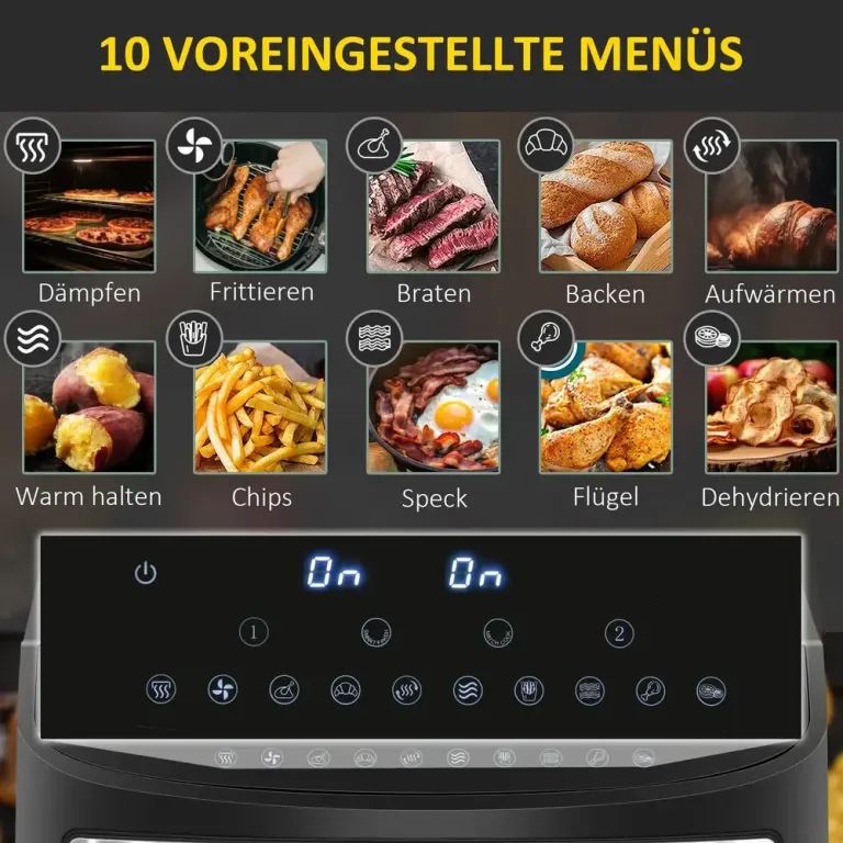 Multifunktionell Airfryer 8 l 2 Korgar 60 Min Timer, Svart