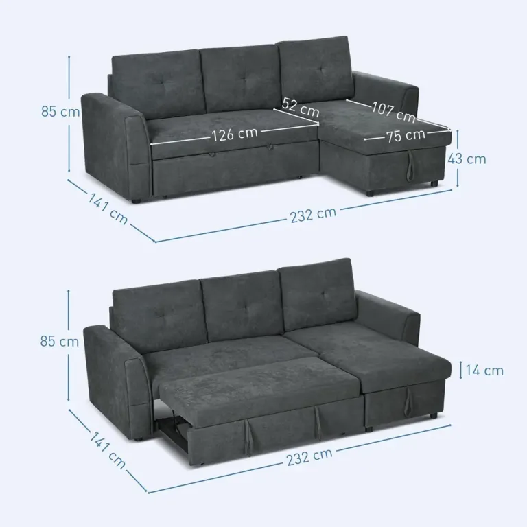 Bäddsoffa med Schäslong Stoppad Soffa 3-Sits Förvaring Mörkgrå