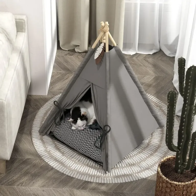 Katthus Tipitält för Husdjur Grå av Tyg Husdjurstält Hund Kudde