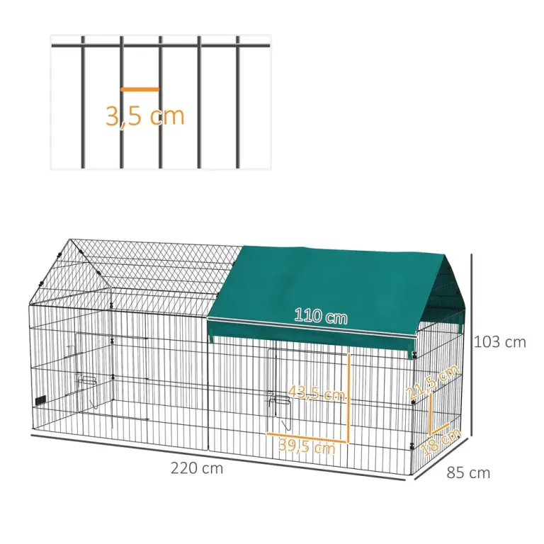 Smådjurshage med Tak 4 Dörrar 220 x 85 x 103 cm