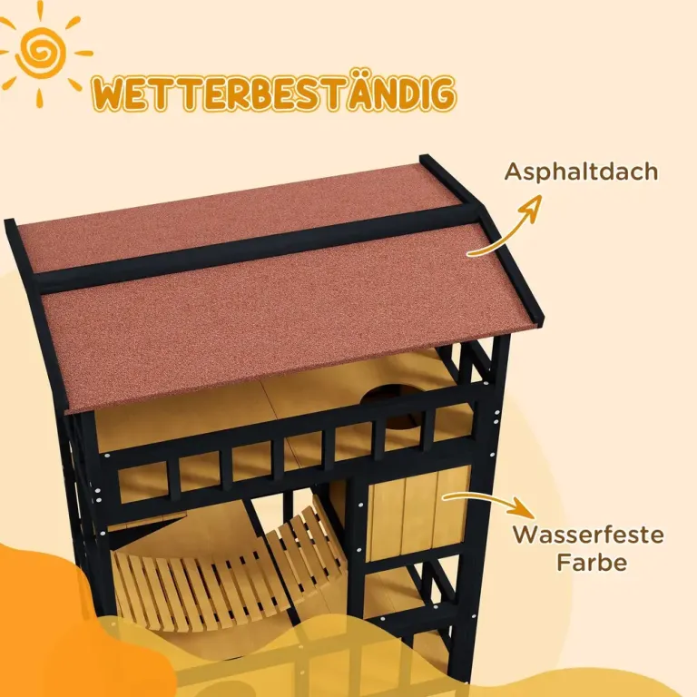 Katthus med Plattformar Hängbro och Kattgrottor Utomhus Väderskyddat
