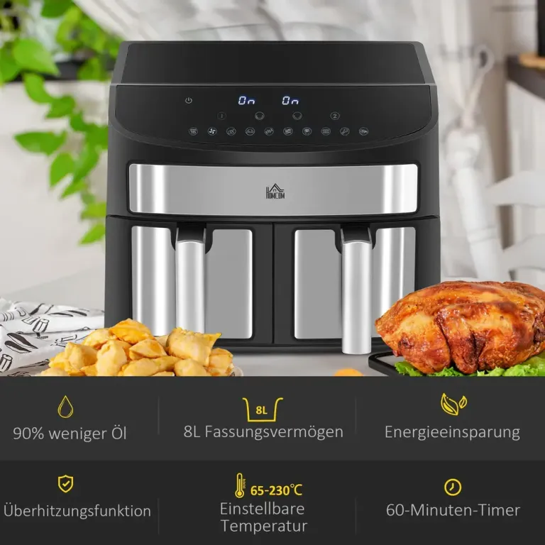 Multifunktionell Airfryer 8 l 2 Korgar 60 Min Timer, Svart