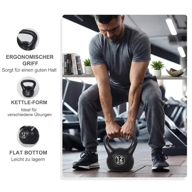 Kettlebell Fylld med Sand 12 kg, Svart Sandfyllning Stabil Design
