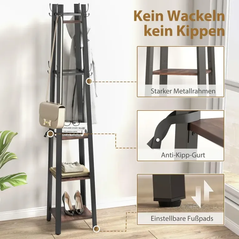 4-Vånings Klädhängare 8 Krokar 4 Hyllor Design Industriell Stil