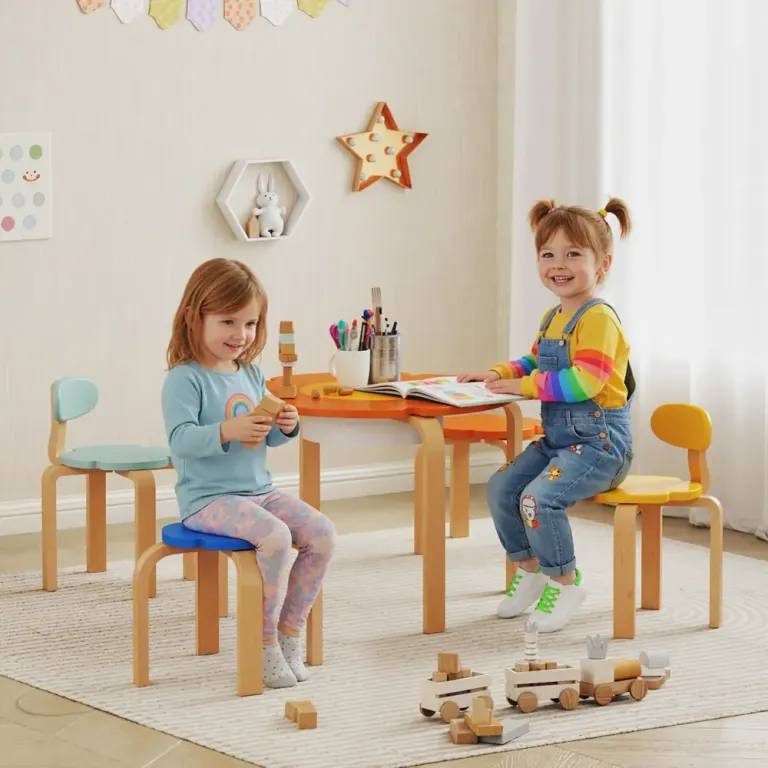 Barnbord med Stolar och Pallar 5-Delat Set Blommönster Blomma Form