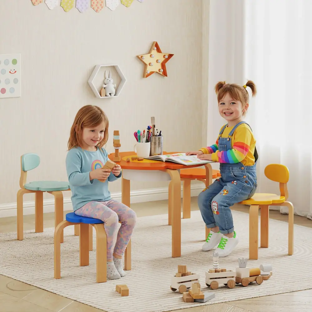 Barnbord med Stolar och Pallar 5-delat Set Blommönster