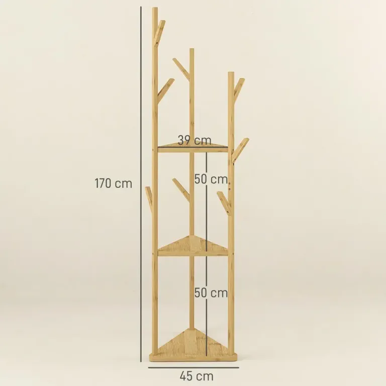 Klädhängare i Bambu med 9 Krokar och 3 Hyllor Naturligt