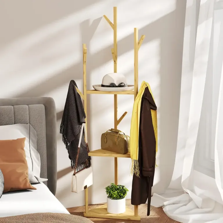 Klädhängare i Bambu med 9 Krokar och 3 Hyllor Naturligt