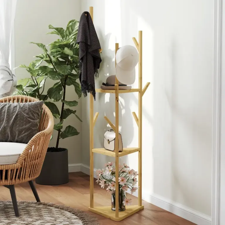 Klädhängare i Bambu med 9 Krokar och 3 Hyllor Naturligt