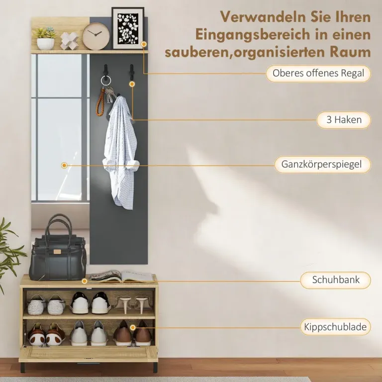 Klädhylla Set för Entré Skobänk Spegel 3 Krokar Öppen Hallmöbel