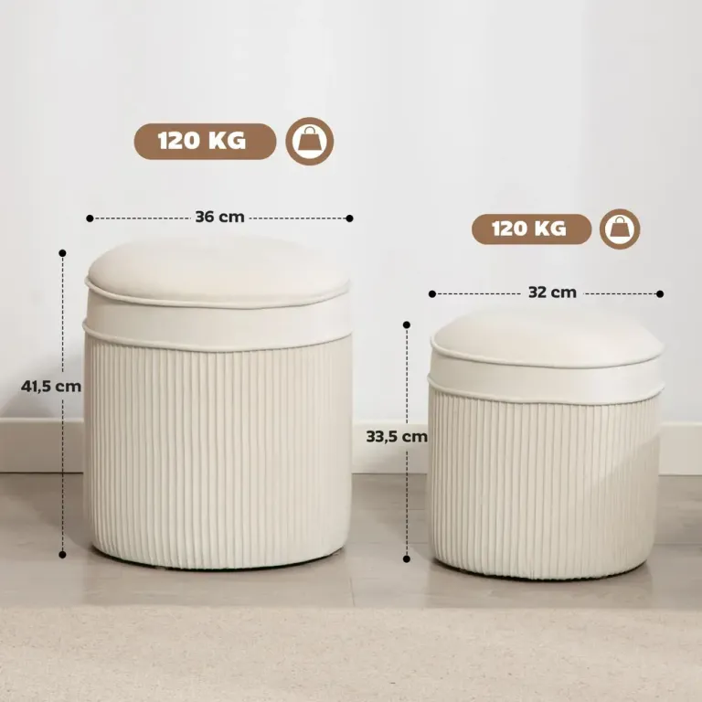 Förvaringspall 2-Pack Rund Gräddvit Sammet Delar Krämvit