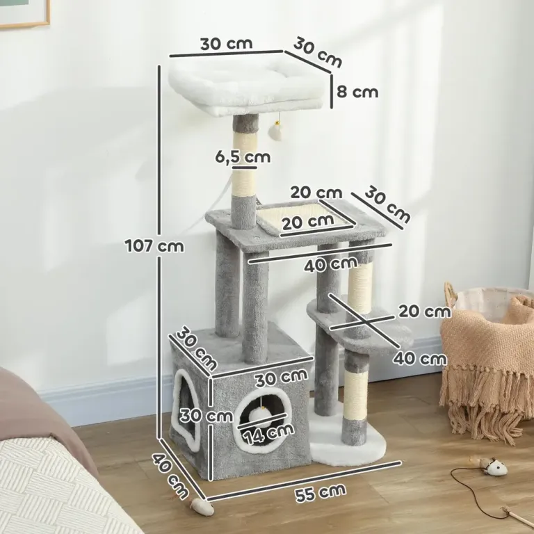 Klösträd för Katter med Sisalpelare 107 cm Kattträd Flera Nivåer