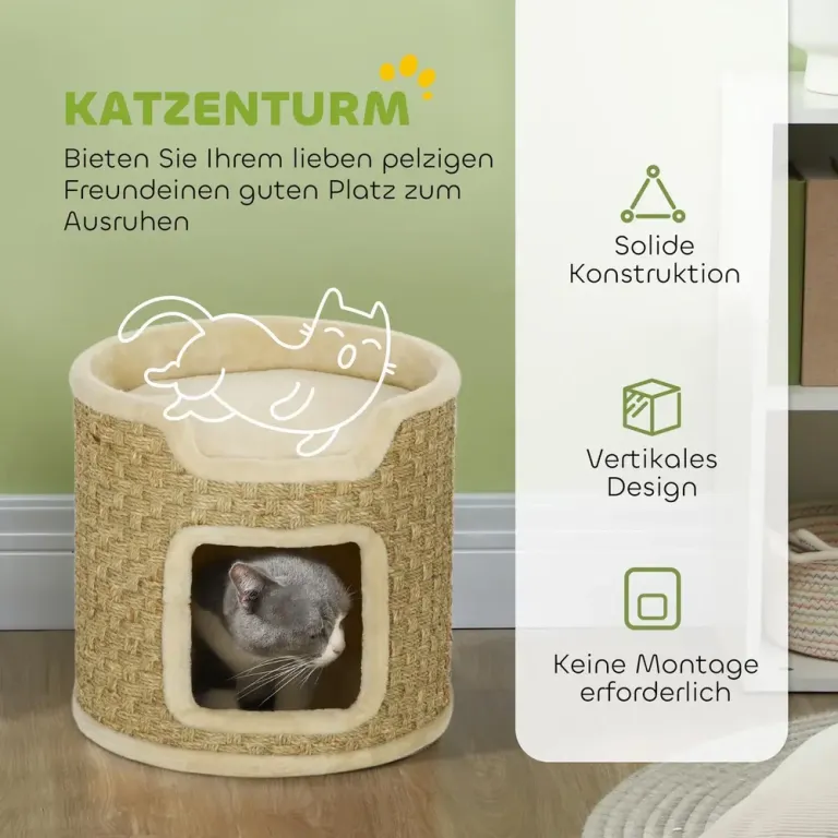 Klösträd för Katter med Sisalpelare Kattgrotta Khaki Plysch Sjögräs
