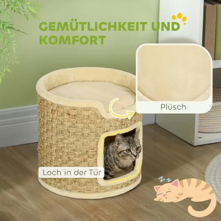 Klösträd för Katter med Sisalpelare Kattgrotta Khaki Plysch Sjögräs