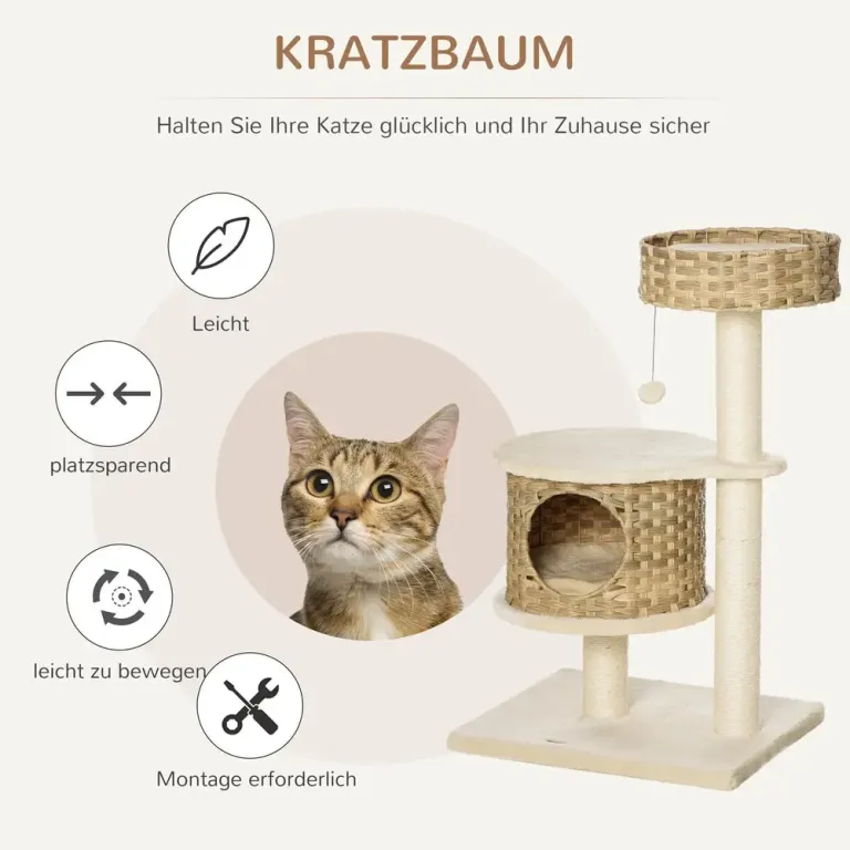 Klösträd i Rotting med Koja Elegant Klösmöbel med Lekboll Kattkoja