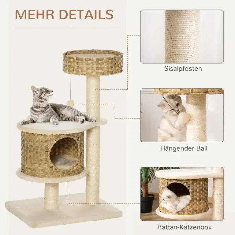 Klösträd i Rotting med Koja Elegant Klösmöbel med Lekboll Kattkoja
