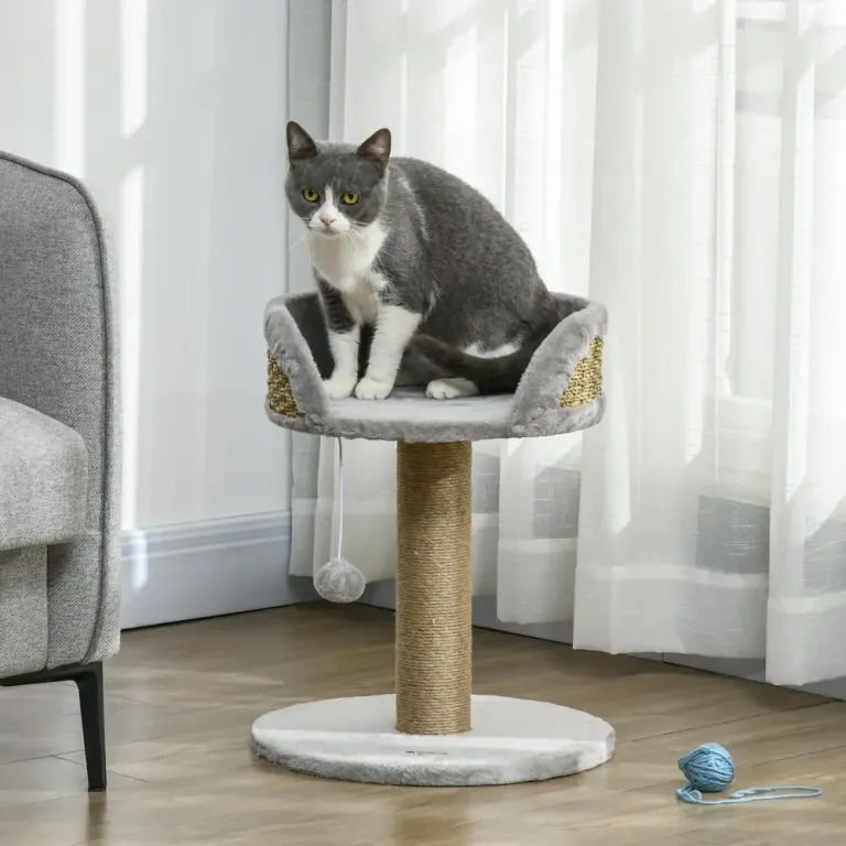 Klösträd Litet Jutegrå av Sisal och Plysch 49 cm Kattsäng Stolpe