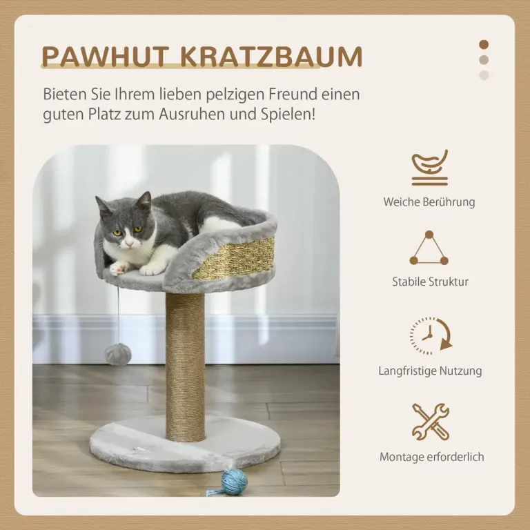 Klösträd Litet Jutegrå av Sisal och Plysch 49 cm Kattsäng Stolpe