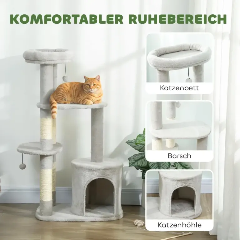 Klösträd Mellanhög Ljusgrå Sisal och Plysch 114 cm Kattklösträd