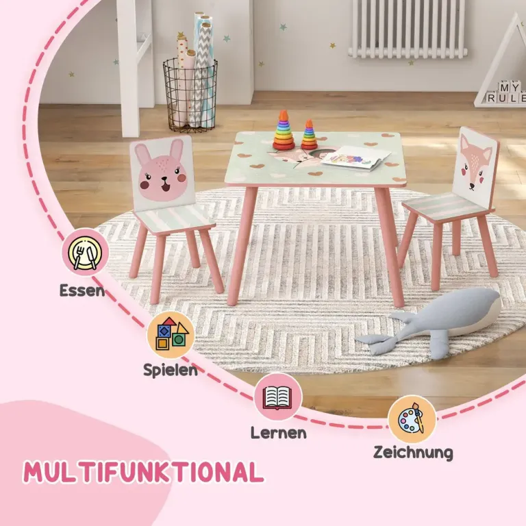 Barnmöbelgrupp Bord 2 Stolar Rosa Furuträ för Barnrum Sittgrupp