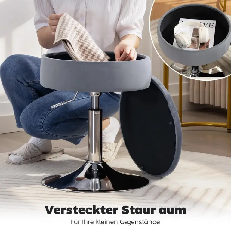 Barstol med Förvaring Grå Sammet och Metall Roterbar 65 cm Sänkbar
