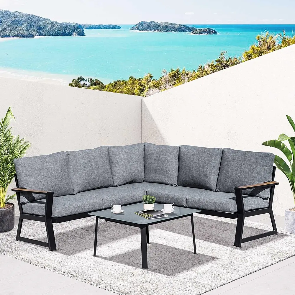 Loungegrupp i Aluminium 4 Delar Utemöbel med L-Soffa