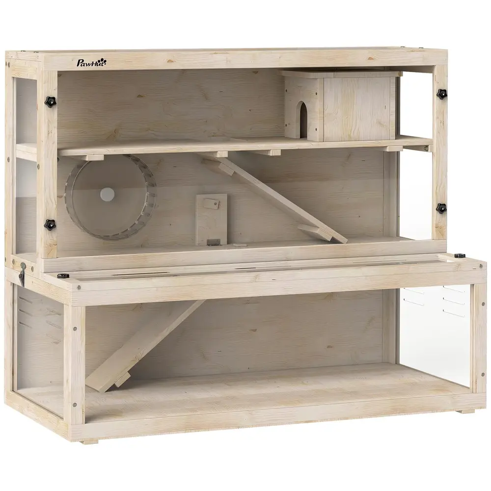 Hamsterbur 3 Våningar Naturfärgad Trä och Plexiglas