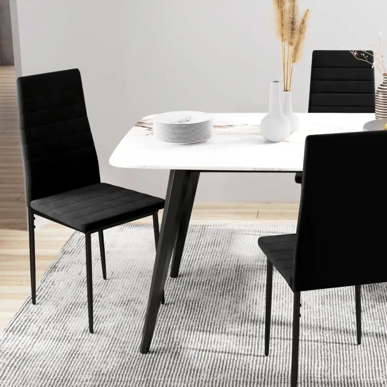 Set 4 Matstolar Armlös med Tygklädsel och Metallben, Svart Ryggstöd