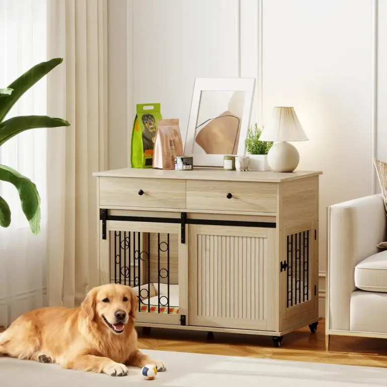 Hundbur Inomhus Träfärgad Stål och Spånskiva Hjul Rustik Still