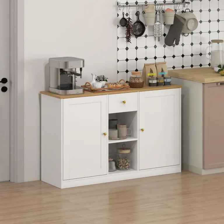 Köksbyrå Skänk med Låda Skåp och Hyllor i Spånskiva Vit Öppna Fack