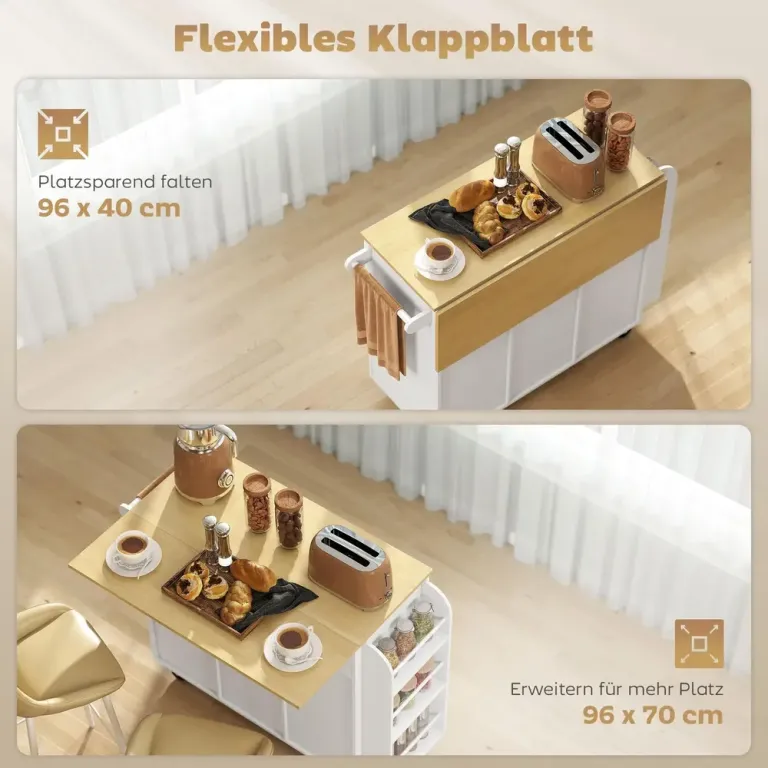Köksö med Klaffbord Vit MDF och Trä Serveringsvagn på Hjul Rullbar