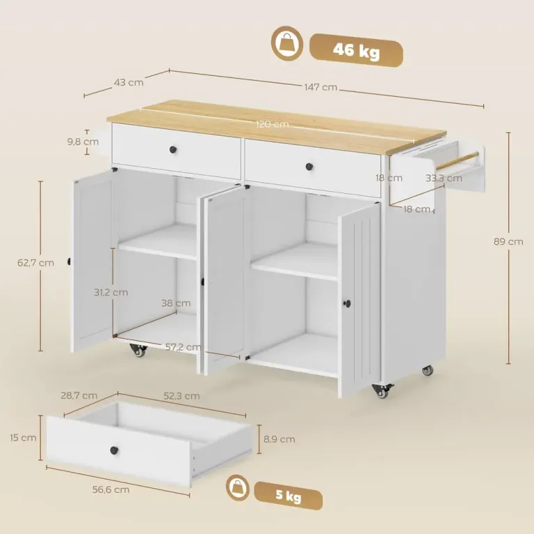 Köksö på Hjul med Förvaring Vit MDF Naturträ Träbänk Hjulfunktion