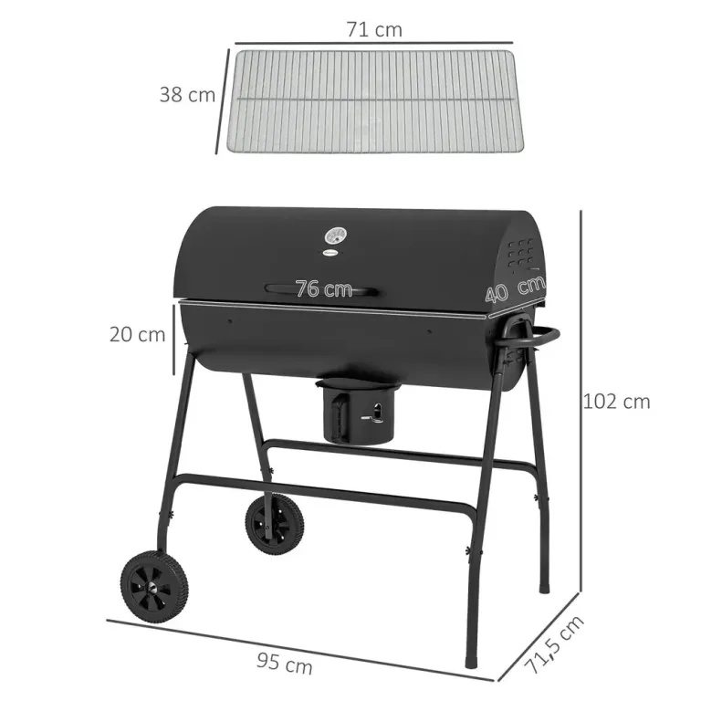 Kolgrill Bbq Rökare med Lock Svart Metall Hjul