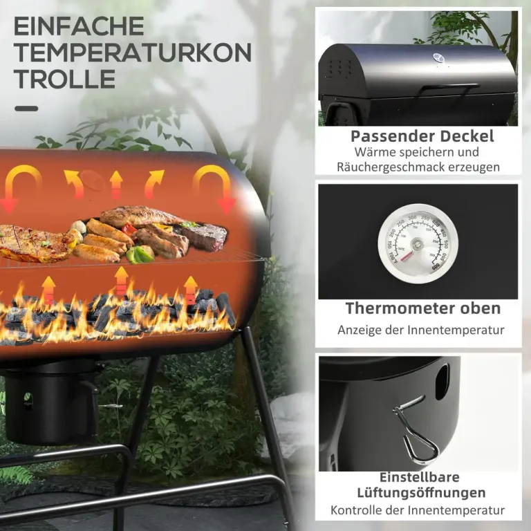 Kolgrill Bbq Rökare med Lock Svart Metall Hjul