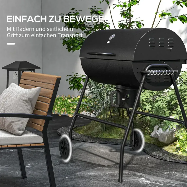 Kolgrill Bbq Rökare med Lock Svart Metall Hjul