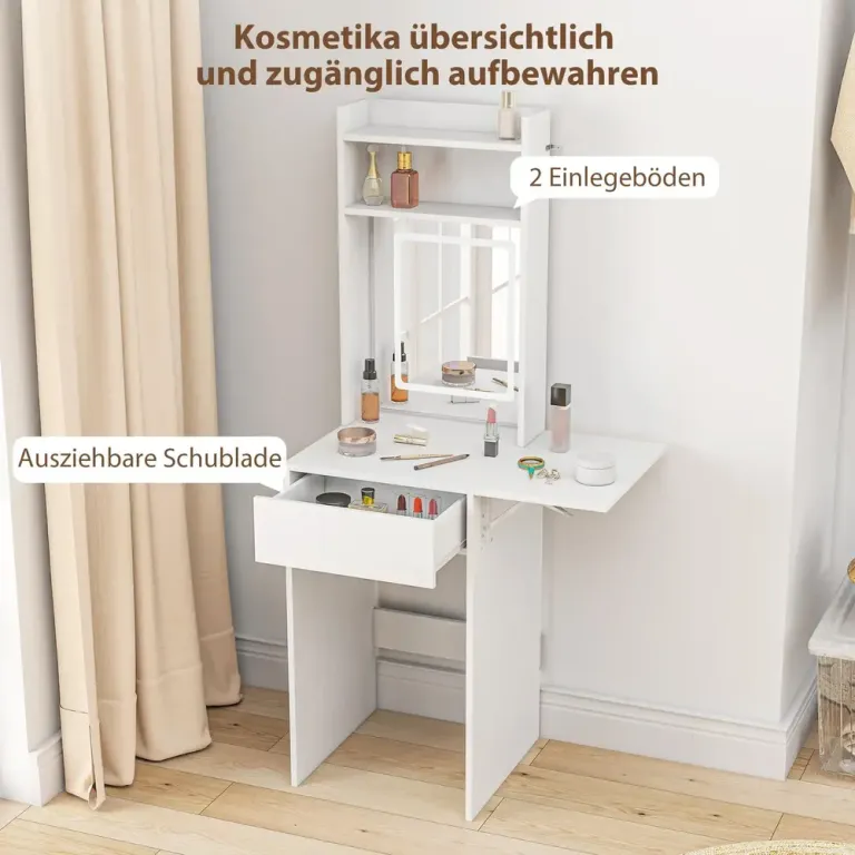 Kompakt Sminkbord med Spegel LED-Belysning Hopfällbar