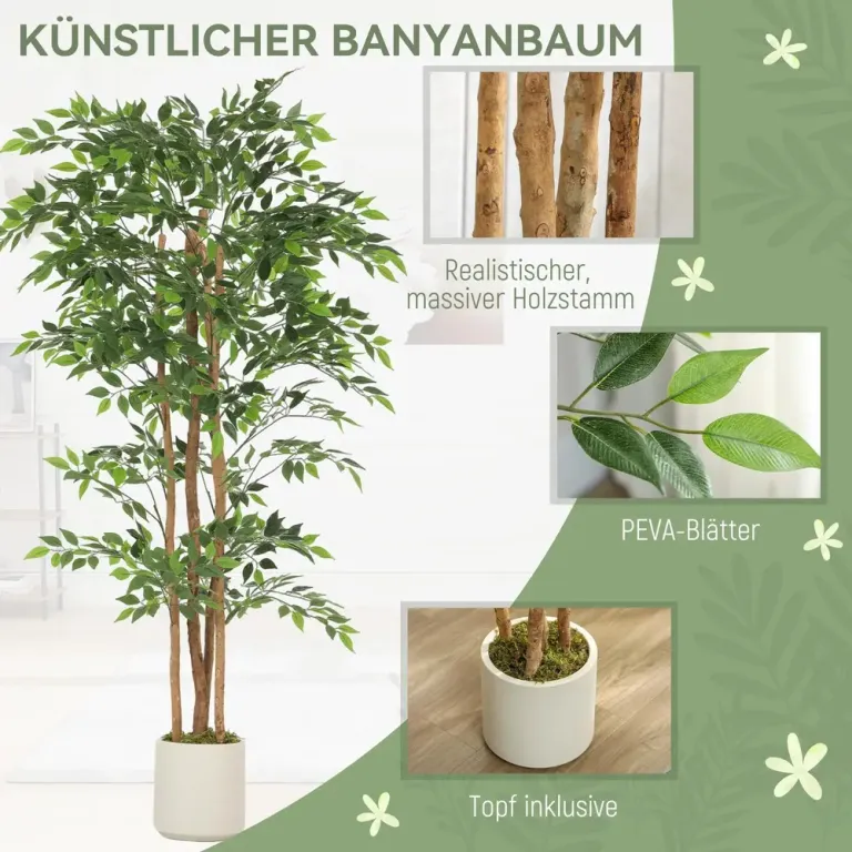 Konstväxt Banyan Realistisk Grön Plast och Trä Konstgjord Banyanträd