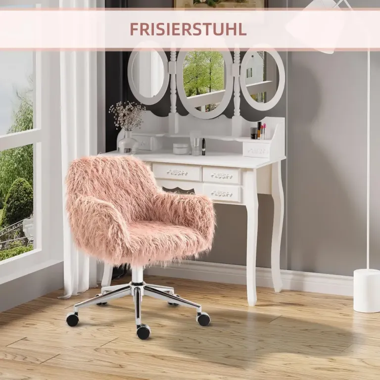 Kontorsstol i Fuskpäls Söt Skrivbordsstol Snurrstol Rosa Silver