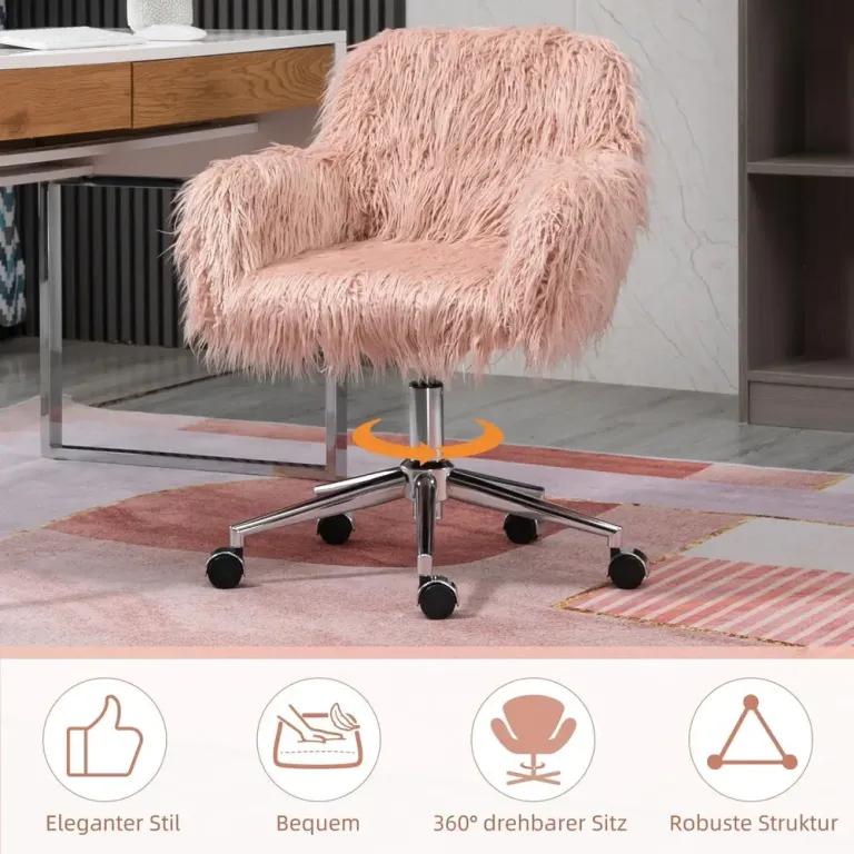 Kontorsstol i Fuskpäls Söt Skrivbordsstol Snurrstol Rosa Silver