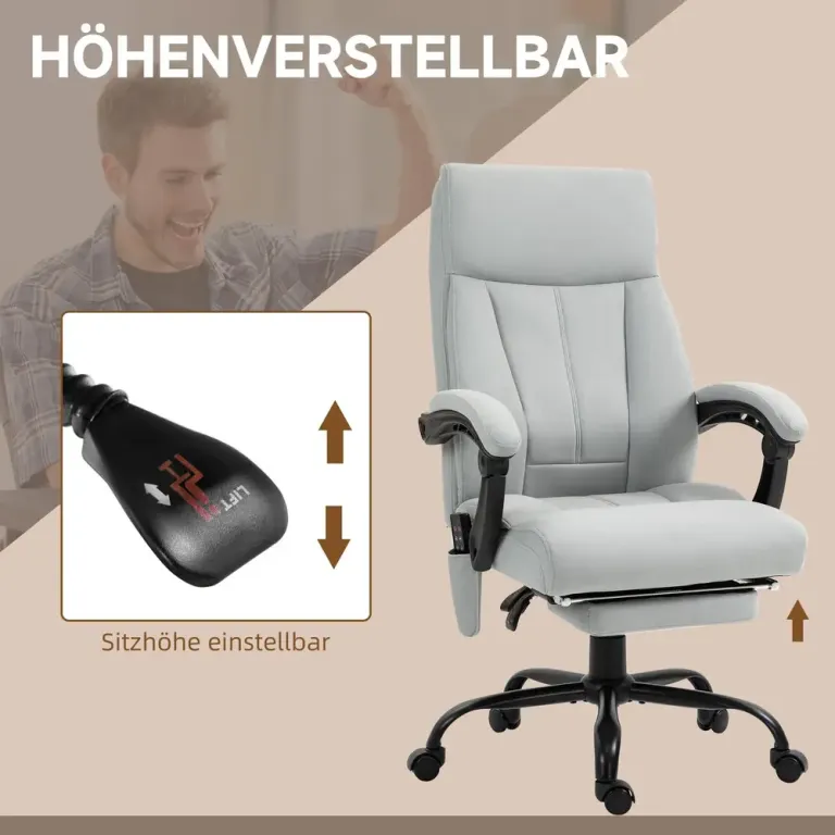 Kontorsstol med Massage- och Värmefunktion Samt Fotstöd Ljusgrå